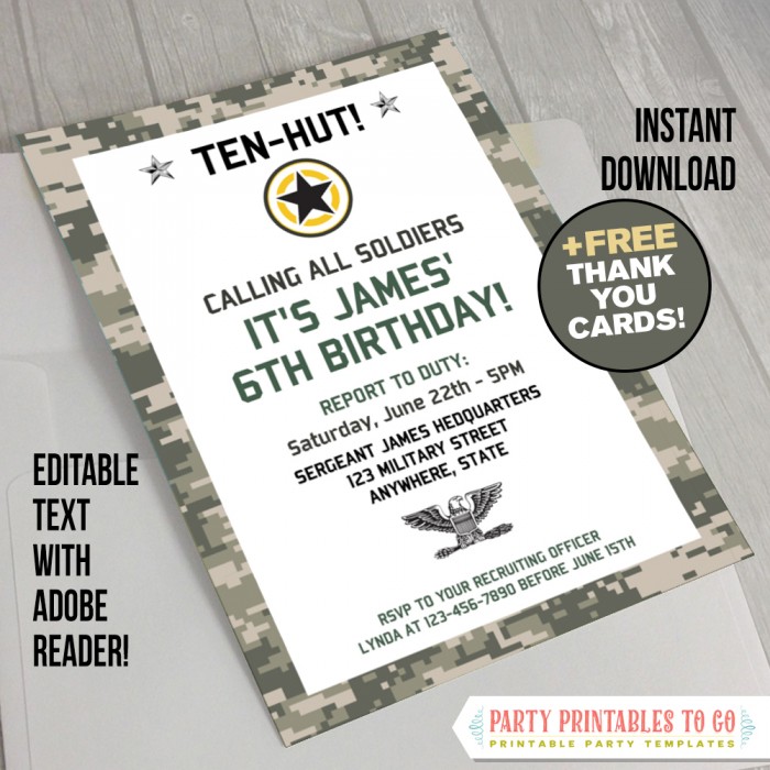 Army Printable Birthday Party Invitation With Free Thank You Card Editable Pdf File Print At Home