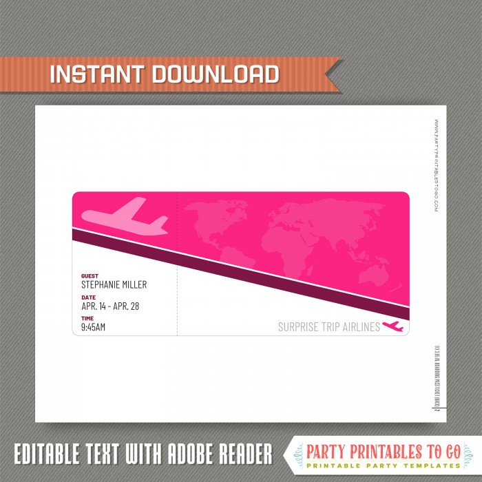 Editable Boarding Pass Template Printable Pink Watercolour 