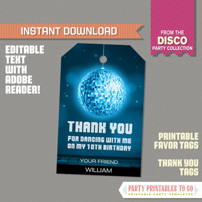 Disco Party Favor Tags / Disco Thank you Tag  (Blue)