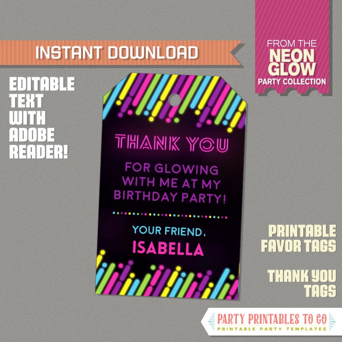 Neon Glow Party Favor Tag / Neon Glow Party Thank you Tag 
