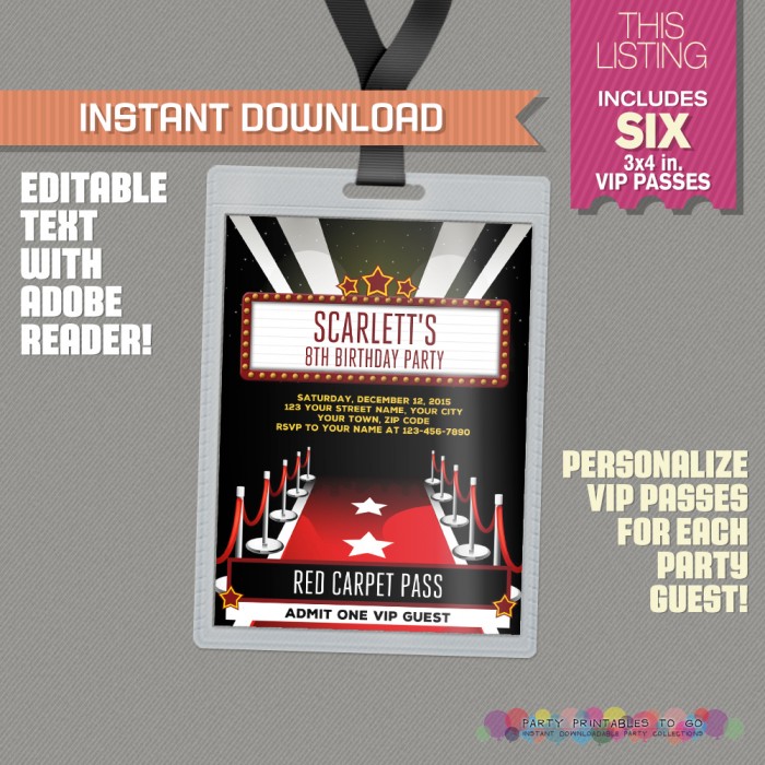 Red Carpet Party Pass Printable Insert Red Carpet Birthday Red Carpet Party Vip Pass Edit And Print At Home With Adobe Reader