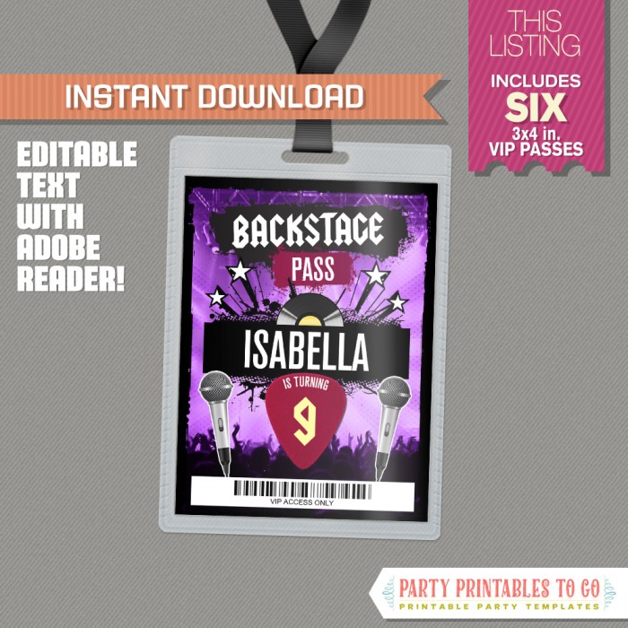 Rockstar Party Backstage Pass Printable Insert Purple Rockstar Birthday Vip Pass Instant Download Edit And Print At Home