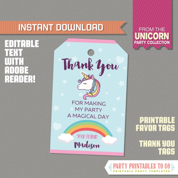 Unicorn Thank You tags Unicorn Birthday tags Unicorn Birthday Decor Bag tags DIY Unicorn Party Favors Digital Files