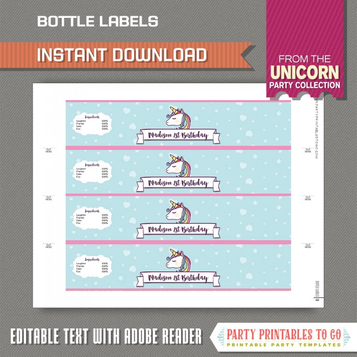 unicorn party water bottle labels only unicorn instant download unicorn birthday edit and print at home with adobe reader
