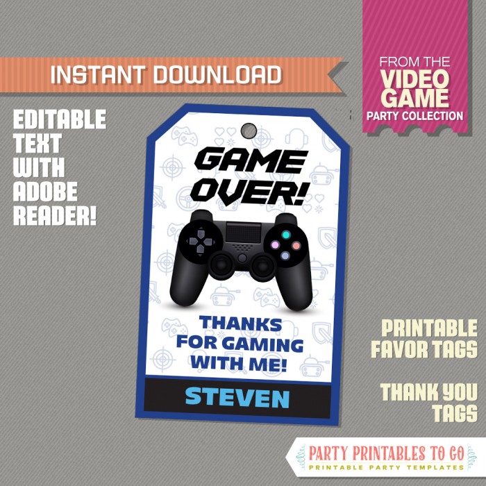 Video Game Favor Tag / Video Game Thank you Tag  (Blue) 