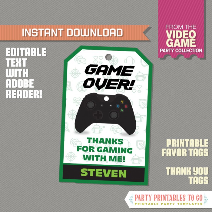 Video Game Favor Tag / Video Game Thank you Tag  (Green) 