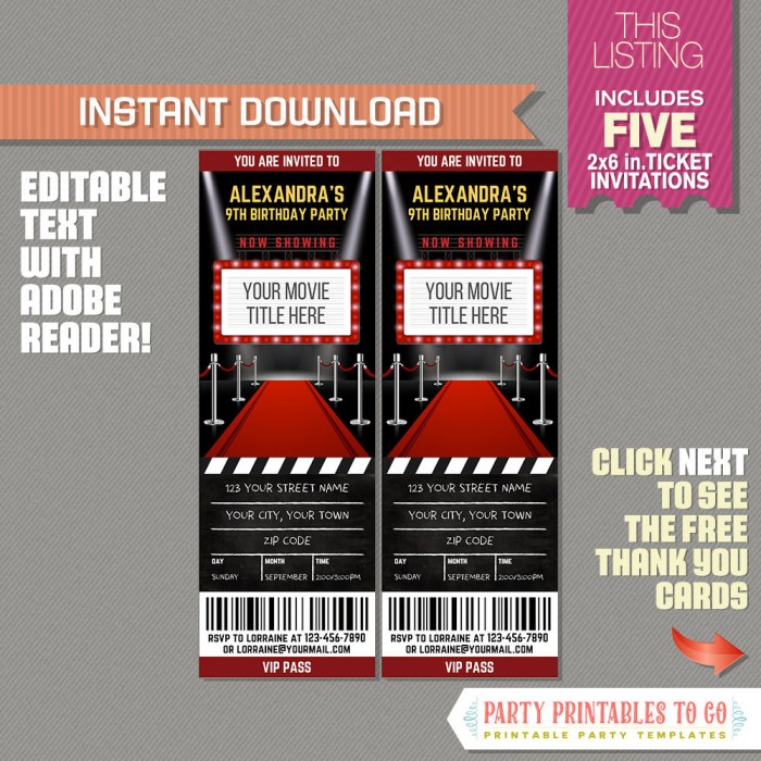 Red Carpet Party Ticket Invitation With Free Thank You Card Instant Dowload Edit And Print With Adobe Reader Graduation Ticket